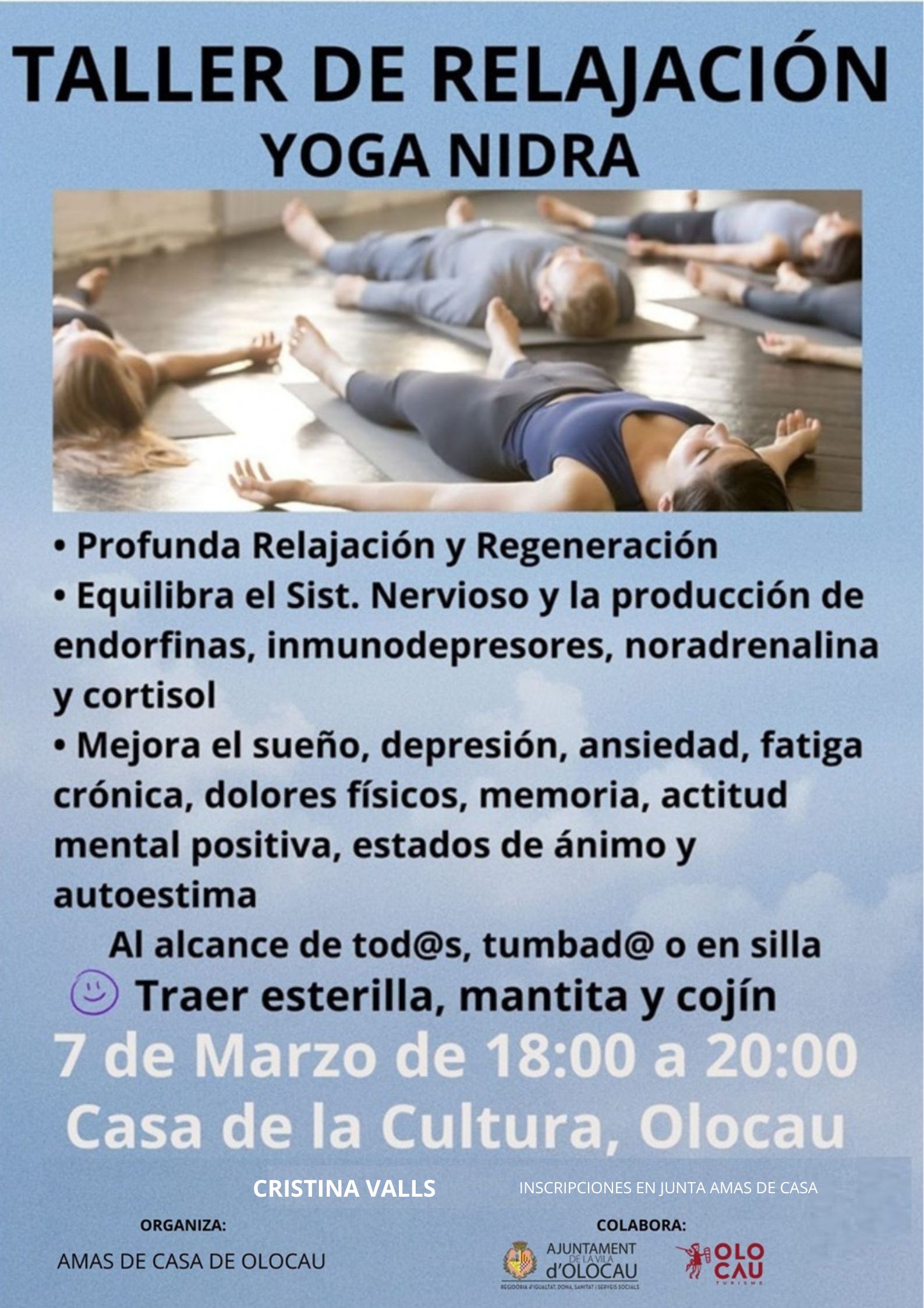 Sessió de Ioga Nidra organitzada per l'associació Amas de Casa de Olocau (Programa d'actes pel 8M, Dia Internacional de la Dona)